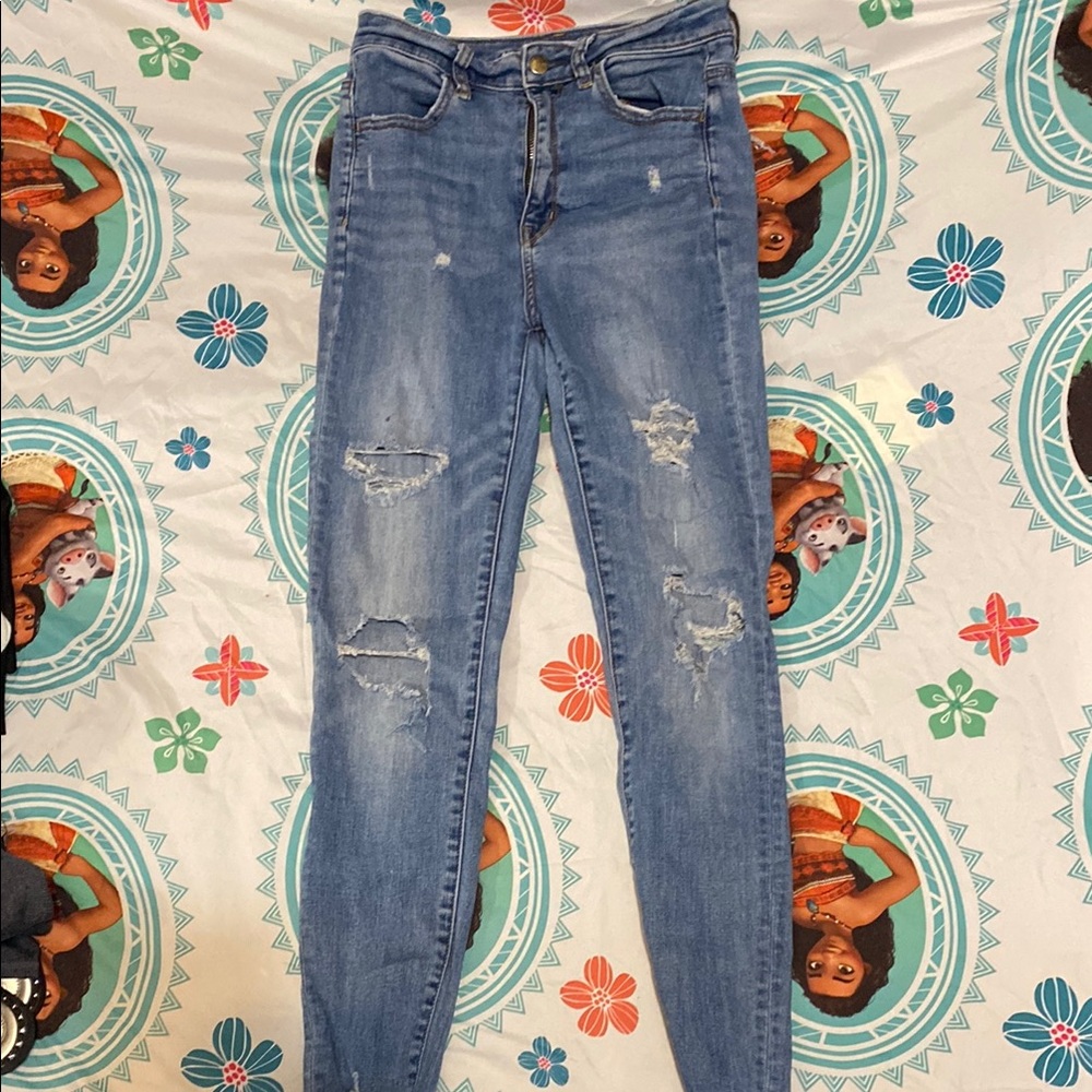 American Eagle Outfitters Blue Skinny Jeans with Distressed Details